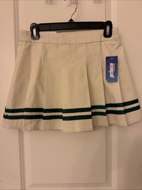 Prince Cream Pleated Pickleball Skirt with Dark Green Stripe Detail XS